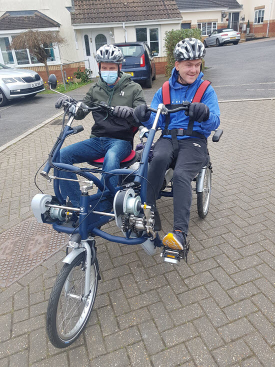 Ruairi Corr, on his new side by side tandem. Freemasons of Exmouth Donation, March 2022.